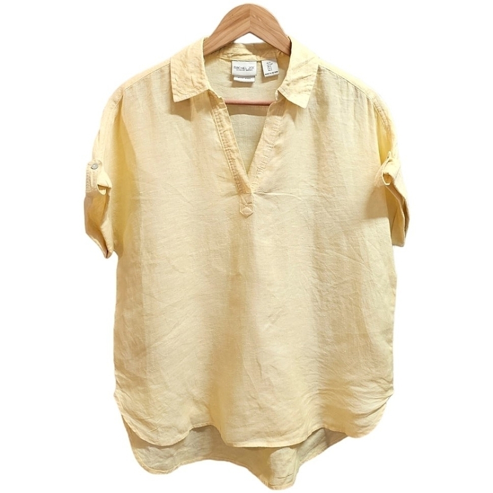 Rachel Zoe 100% Linen Yellow V-Neck Short Sleeve Top Size Small Lightweight